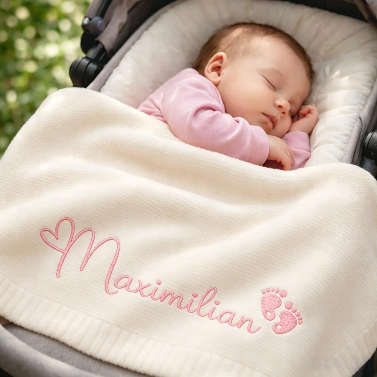 ZZTINGC Personalized Baby Blanket with Name and Icon, Cotton Knitted Blanket for Newborn, Custom Embroidered Gift for Toddler Stroller, Baby Shower(Beige)