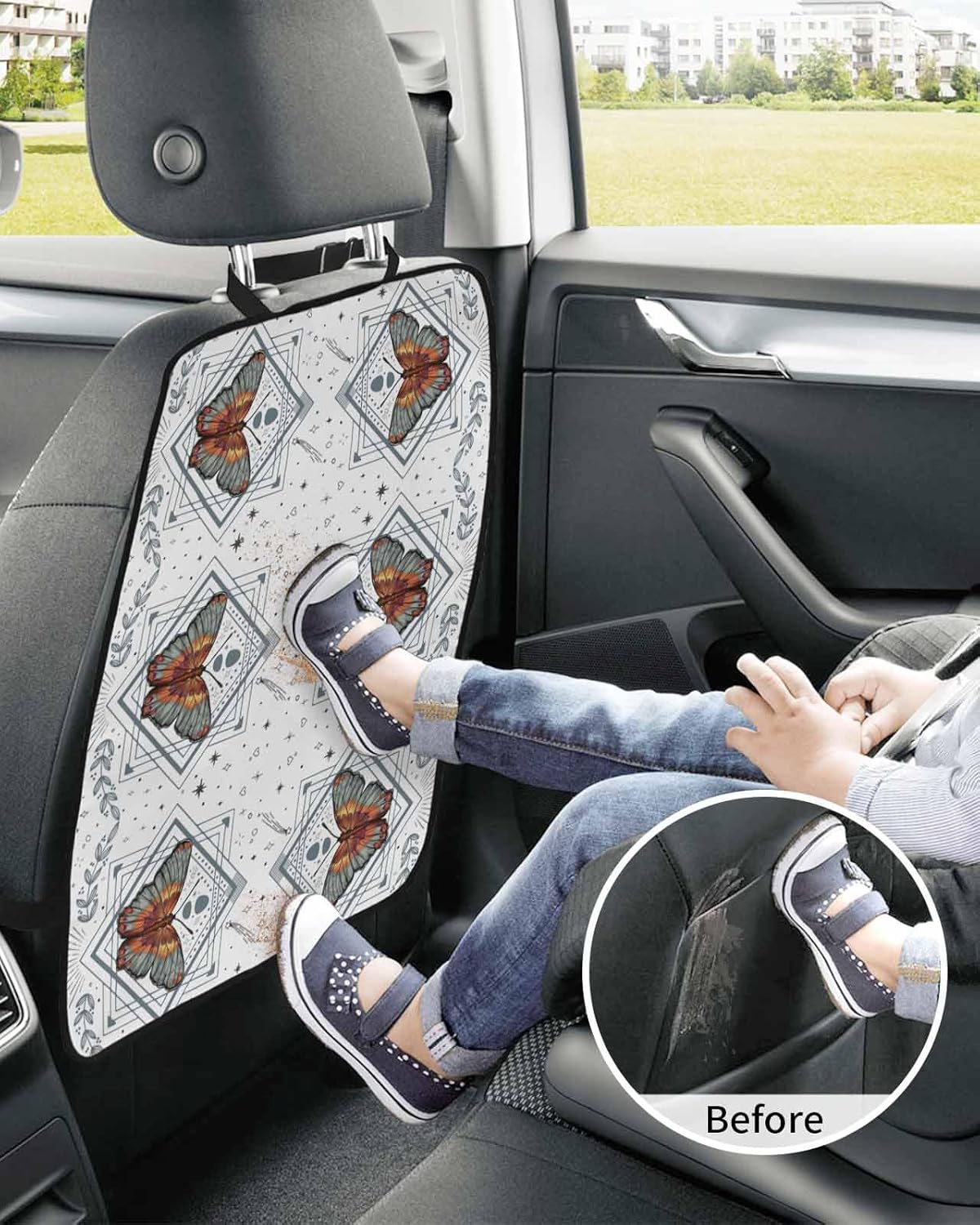 T&H XHome Car Seat Protector, 2 Pack Kick Mats Back Seat Protector Butterfly Geometric Lines and Stars Pattern Waterproof Backseat Cover for Kids Universal Fit Automotive Interior Protectors