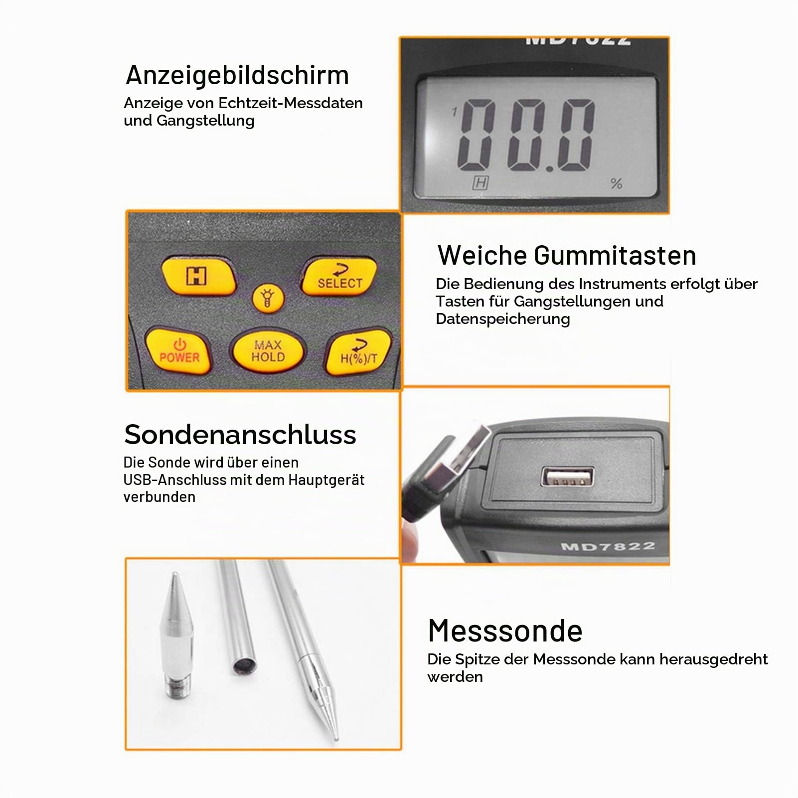 Feuchtigkeitsmesser mit langer Sonde für Getreide, Weizen, Reis, Mais, Hygrometer, Multifunktionales Küchenzubehör