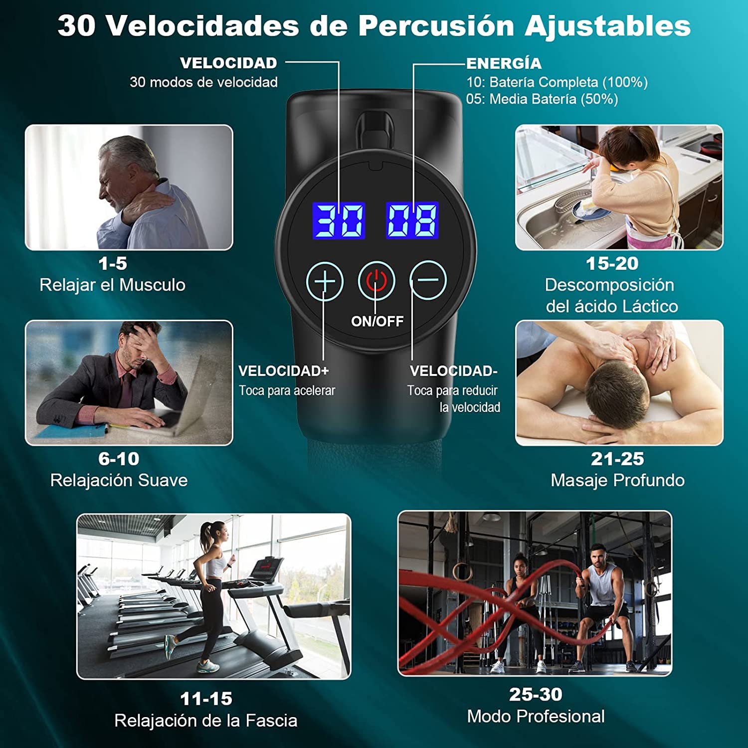 Pistola de Masaje Muscular, Eléctrica Masajeador de Músculos de Tejido Profundo con 30 Velocidades, 8 Cabezales de Masaje, Pantalla LCD Táctil, Pistola de Masaje (Negro)