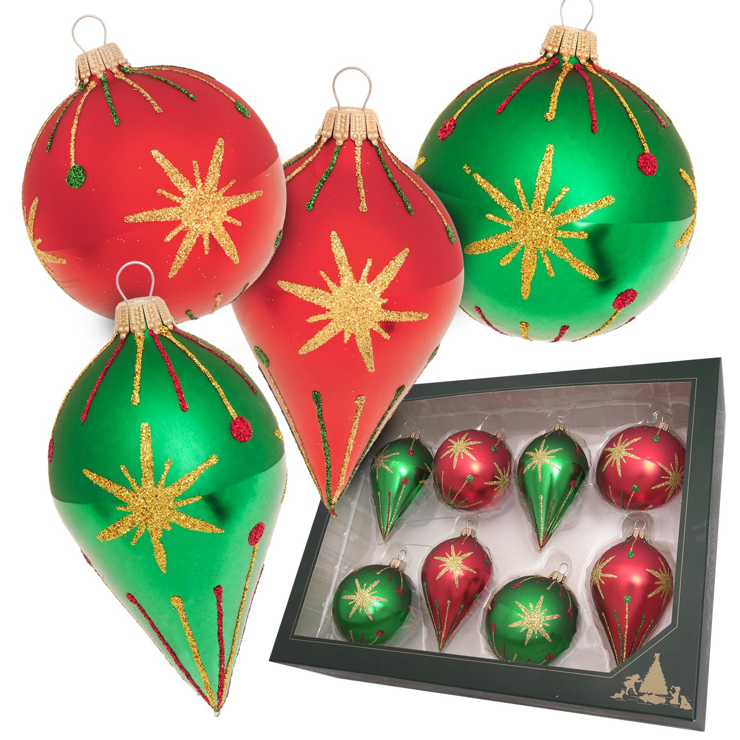 Krebs Glas Lauscha - Décoration de Noël/décoration de sapin de Noël en verre - Boule et goutte avec étoile Bethléem dorée - Couleur : rouge et vert - Dimensions : environ 7-10 cm
