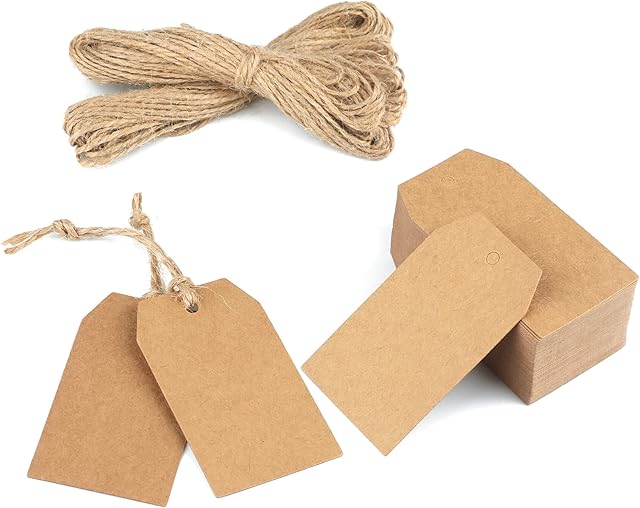 jijAcraft 100 Pcs Kraft Paper Tags, 7x4CM Brown Gift Tags Blank Hang Tags with Jute Twine for Christmas Party Decorations and DIY Crafts