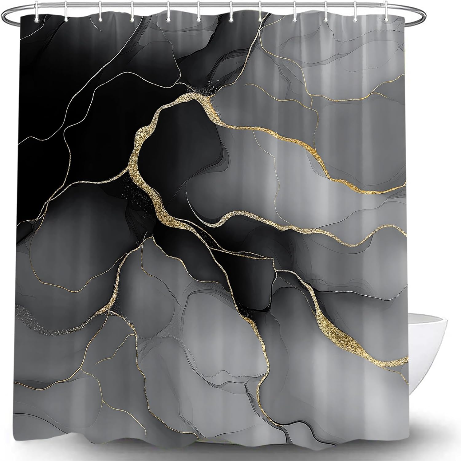 Grey Black Marble Shower Curtain Gold Abstract Modern Bathroom Decor Luxury Art Ink Texture Watercolor Polyester Fabric Bath Curtain 70 x 83 Inch