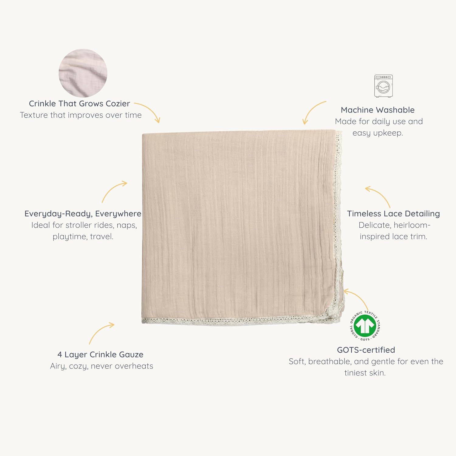 MakeMake Organics GOTS Certified Organic Cotton Muslin Soft Breathable Lightweight Swaddle and Comfort Organic Twin Blanket for Toddler Baby Boys and Girls - Taupe, 62" x 88"