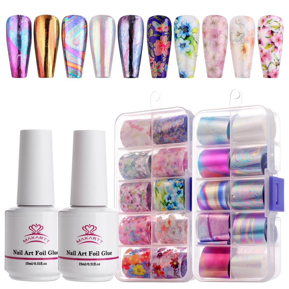 Makartt Nail Foil Art with Foil Glue Gel Set, 20 Theme Rose Flowers