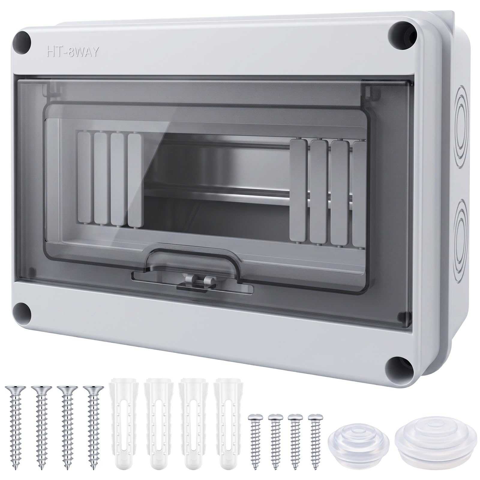 8 Way Consumer Unit Outdoor Distribution Board ABS IP65 Waterproof Enclosure Consumer Unit Circuit with Screws & Wall Plugs for Garage Shed Garden Grey
