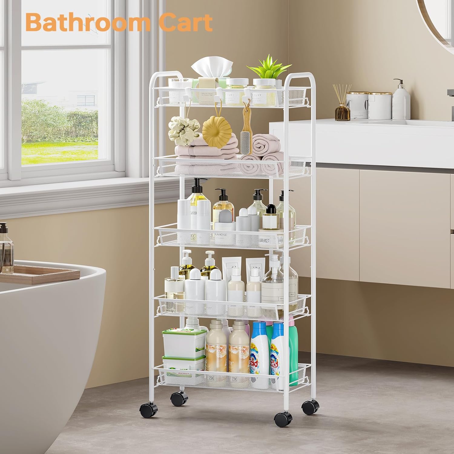 TOOLF 5-Tier Rolling Cart, Metal Utility Cart with 3 Hooks, Easy Assemble Mobile Storage Trolley On Wheels, Metal Shelving Units Kitchen Bathroom Laundry Room