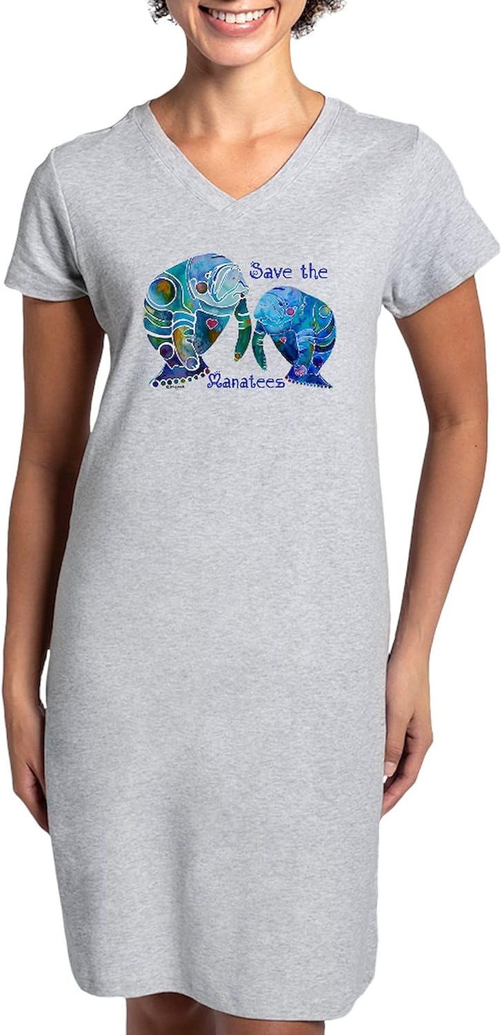 CafePress Two Save The Manatees In Blue Women's Nightshirt, Soft Long Pajama Shirt, Cotton PJs/Pyjamas