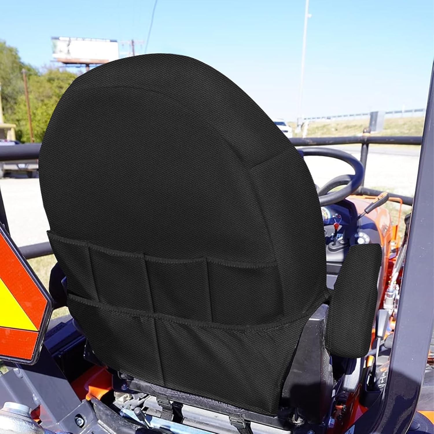 Tractor Seat Cover Compatible with Kubota BX2380/BX2680, Heavy Duty Knitted Sponge Seat Cover with Armrests & Tool Pockets, Black and Charcoal