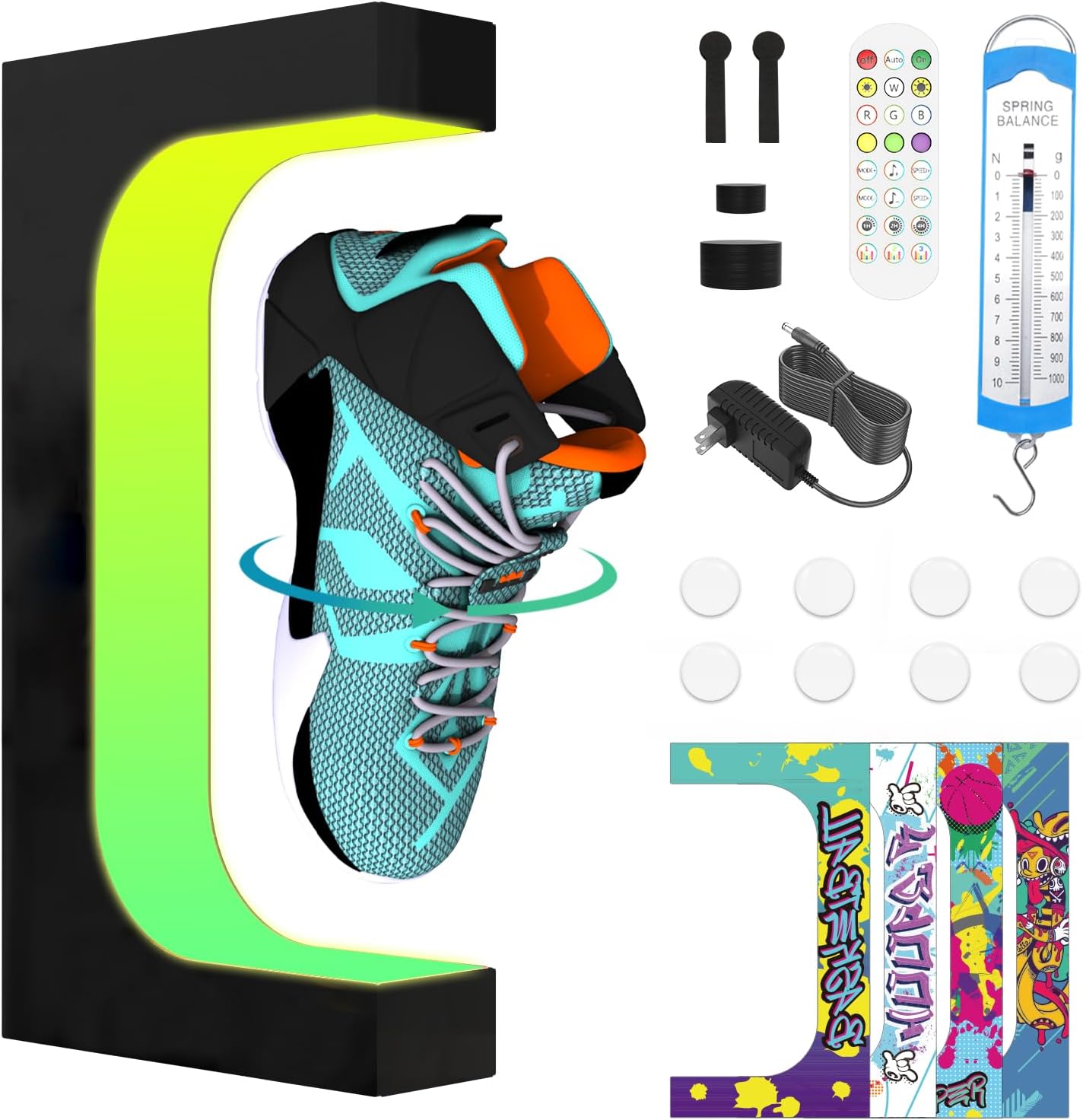 Levitating Sneaker Display, Magnetic Floating Shoe Display Stand with 360° Auto Rotation & LED Light, Levitation Sneaker Holder Rack for Shoes Collector/Advertising Exhibition/Home Decoration, Black