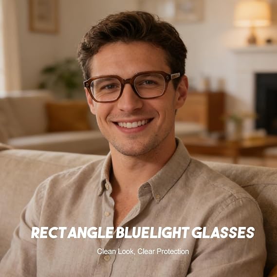 Dollger Blue Light Glasses Men Rectangle Vintage Brown Frame Anti BlueLight Blocking Glare Trendy Computer Gaming UV
