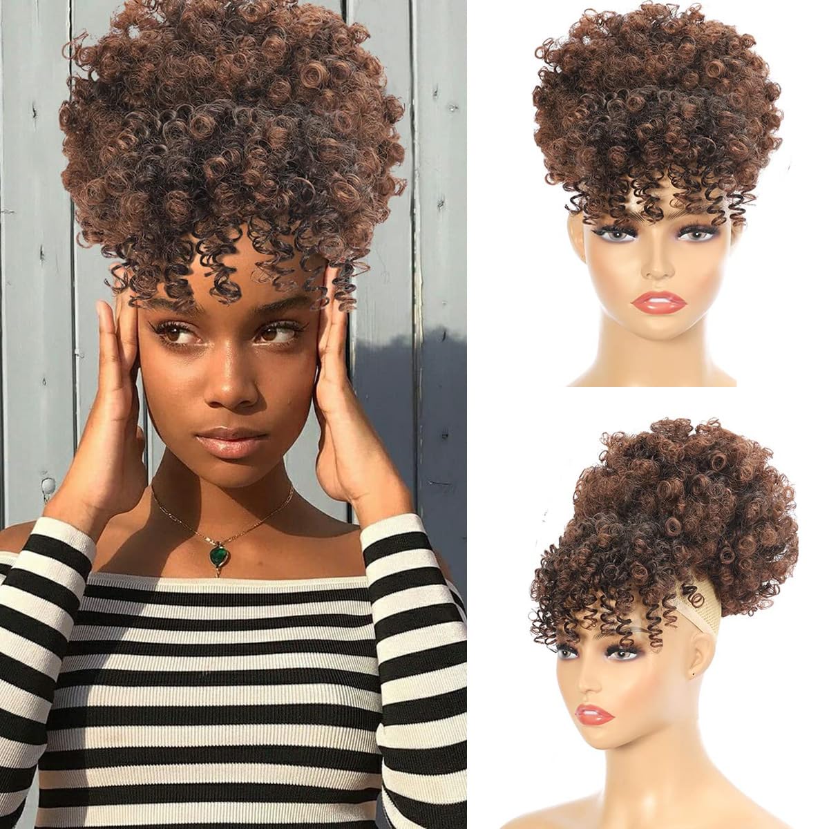 SuyiIRL Afro Puff Drawstring Ponytail with Faux Bangs Blonde Ponytail Extension Short Curly Hair Extensions Updo Hairpieces Ponytail Extension for