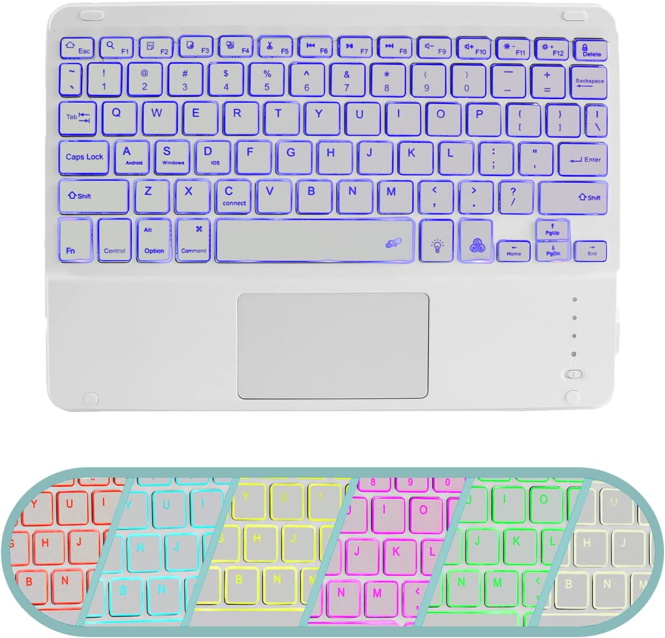 Super Space Wireless Bluetooth Keyboard with Touchpad for iPad - 7 Colors Backlit - Tablet Rechargeable Pro/iPad Air/iPad Mini and Other iOS Android Windows Devices, white