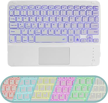 Super Space Wireless Bluetooth Keyboard with Touchpad for iPad - 7 Colors Backlit - Tablet Rechargeable Pro/iPad Air/iPad Mini and Other iOS Android Windows Devices, white