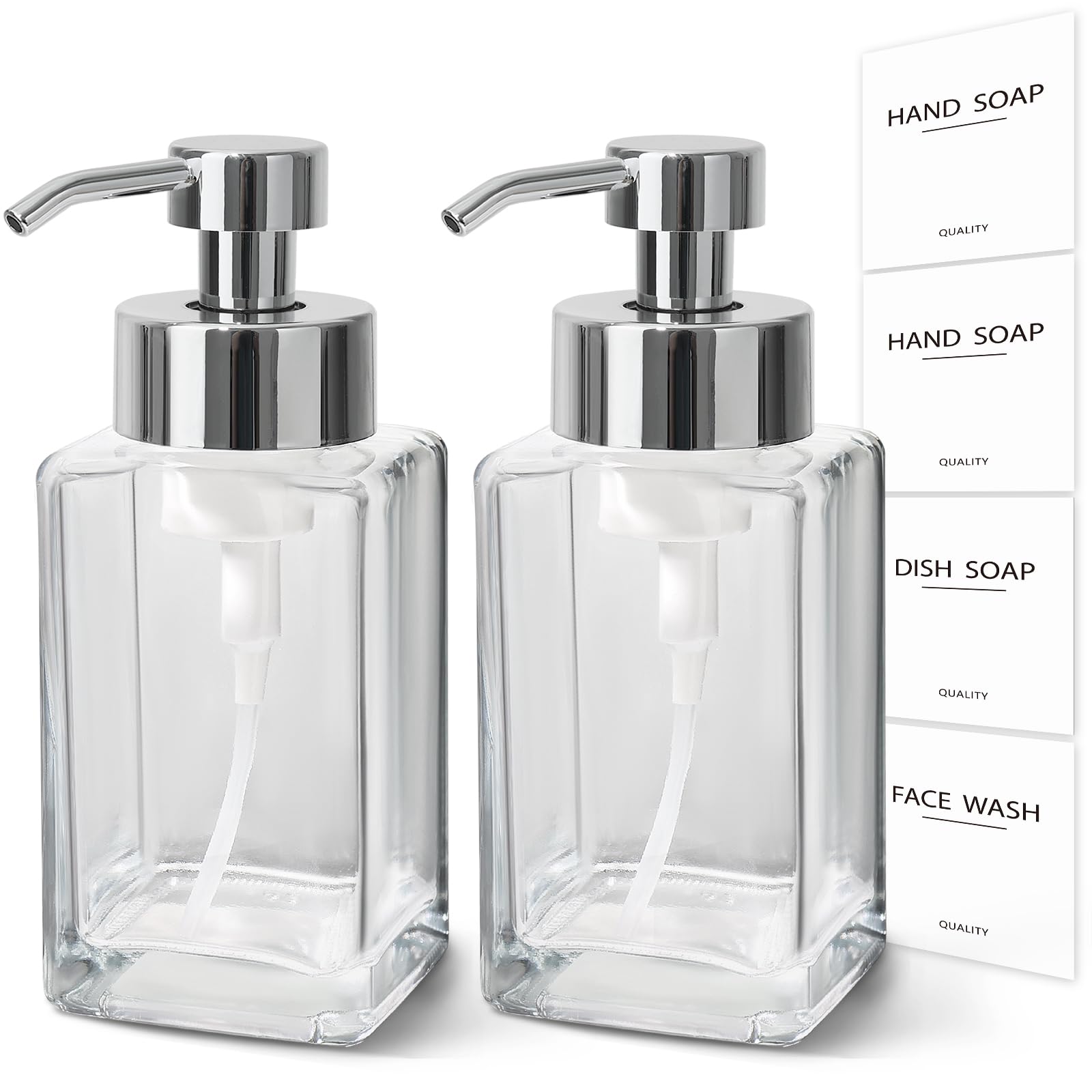 Schaumseifenspender, 350 ml Glas-Handseifenspender-Set, nachfüllbarer Schaumspender mit Schaumpumpe, Etiketten, quadratischer Handspender für Badezimmer, Küche, 2 Stück