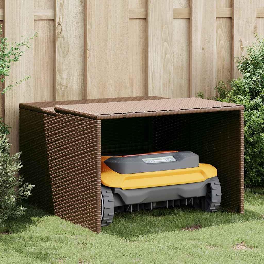 Garaje para robot cortacésped marrón de poliratán con marco de acero recubierto de polvo, 86 x 90 x 52/57 cm, funda protectora impermeable para robot cortacésped, protección UV, impermeable