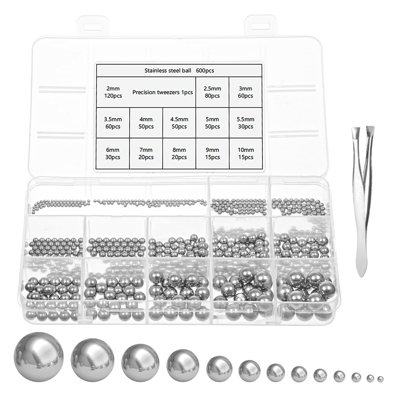 600 Piezas Bolas de Acero,Bolas de Acero Inoxidable,Bolas de Precision,Rodamientos de Bolas,Bolas de Rodamientos Para Bicicleta,Bolas de Acero Para Rodamientos,13 Tamaños, 2 mm-10 mm
