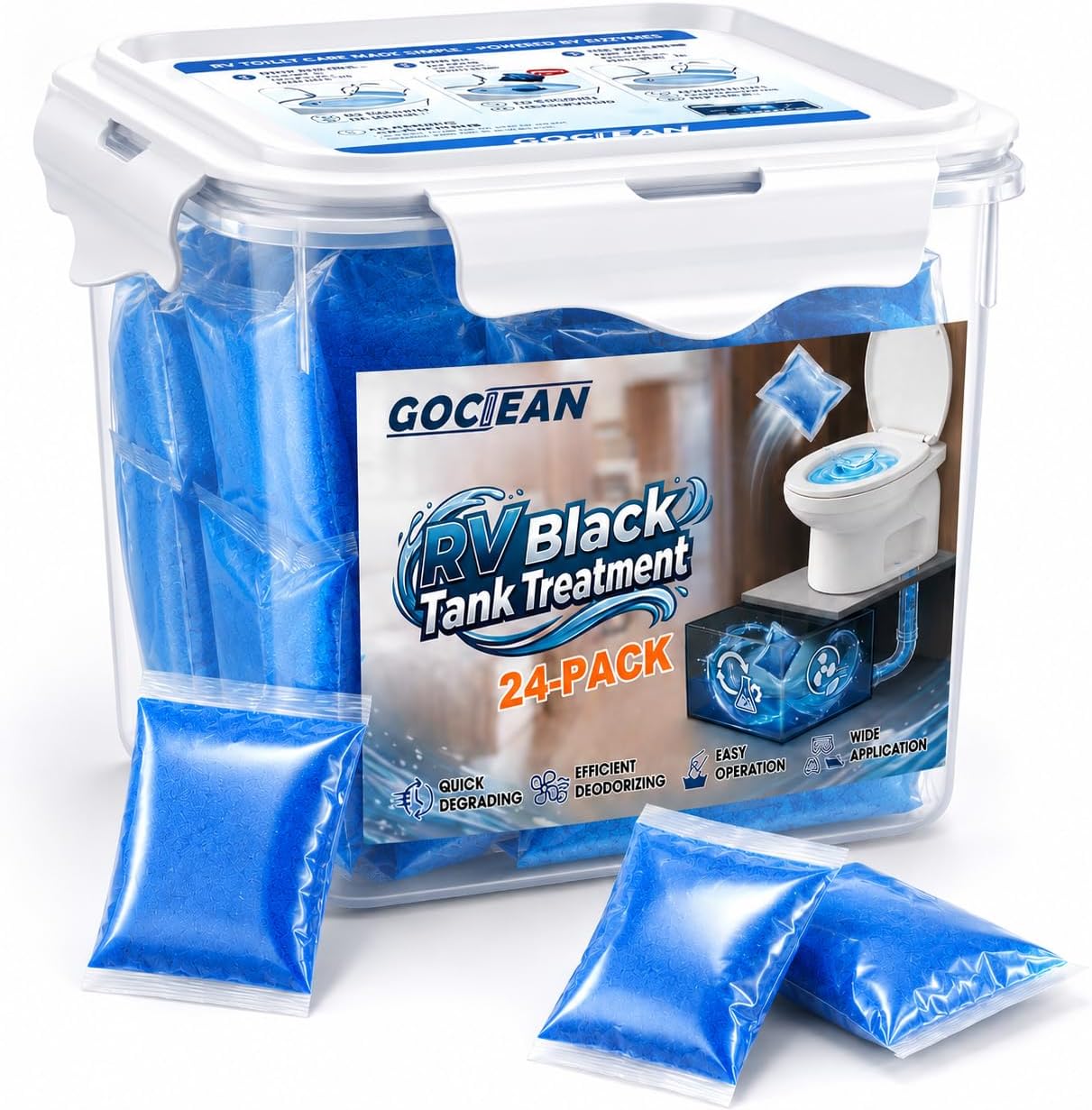 RV Black Tank Treatment, RV Toilet Pods, Breaks Down Waste & Paper Fast, Eliminates Tank Odors, Septic-Safe Enzyme Formula, 24 Pack RV Toilet Treatment Drop Ins, RV Holding Tank Treatment