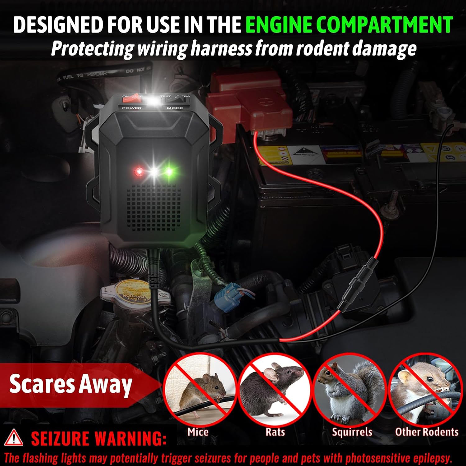 Ultrasonic Rodent Repellent for Car Engines, 12V 24V Wired Ultrasonic Mouse and Rat Deterrent with LED Strobe Lights and Remote Control, Under Hood Animal Repeller for RVs Trucks Vehicles, Pack of 2