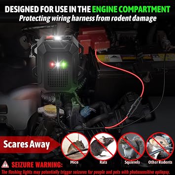 Ultrasonic Rodent Repellent for Car Engines, 12V 24V Wired Ultrasonic Mouse and Rat Deterrent with LED Strobe Lights and Remote Control Under Hood Animal Repeller for Cars, Trucks, RVs, Vehicles