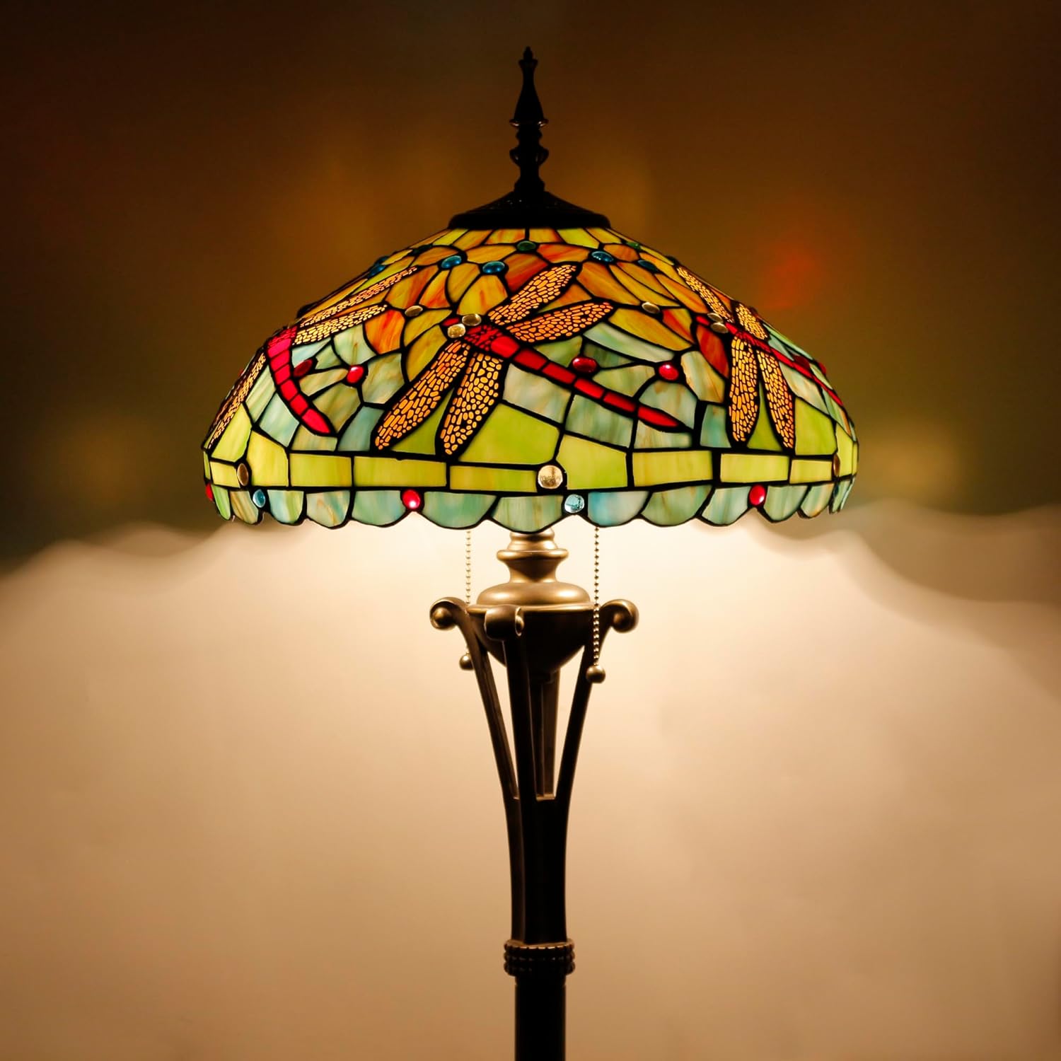 Tiffany Floor Lamp Green Red Stained Glass Dragonfly Standing Reading Light 16X16X70 Inches Antique Pole Corner Lamp Decor Bedroom Office Living Room