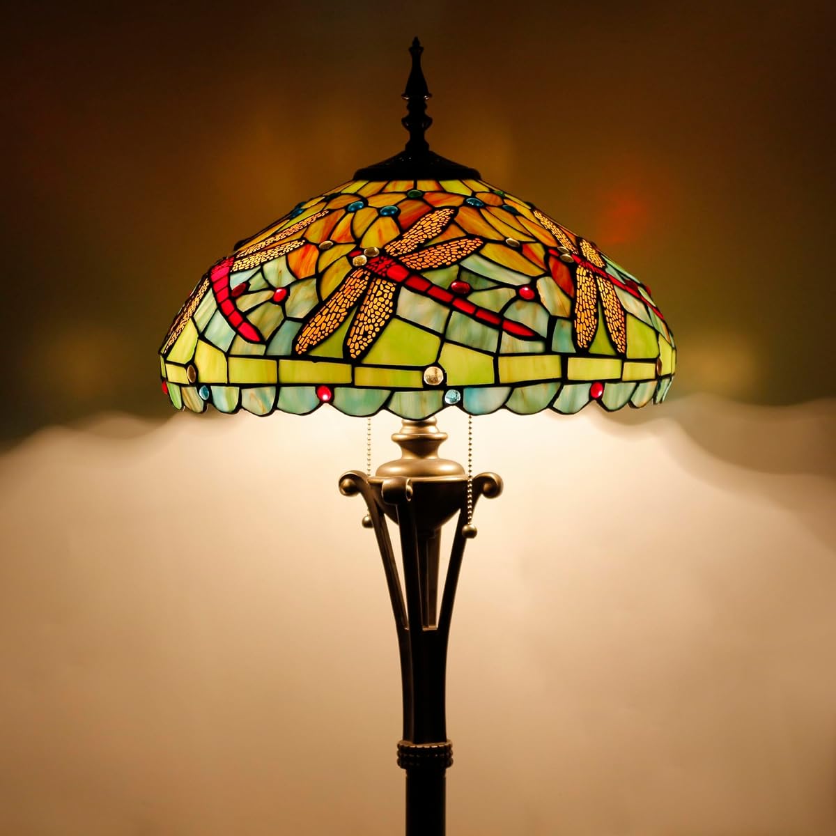 L-Juicwe Tiffany Floor Lamp Green Red Stained Glass Dragonfly Standing Reading