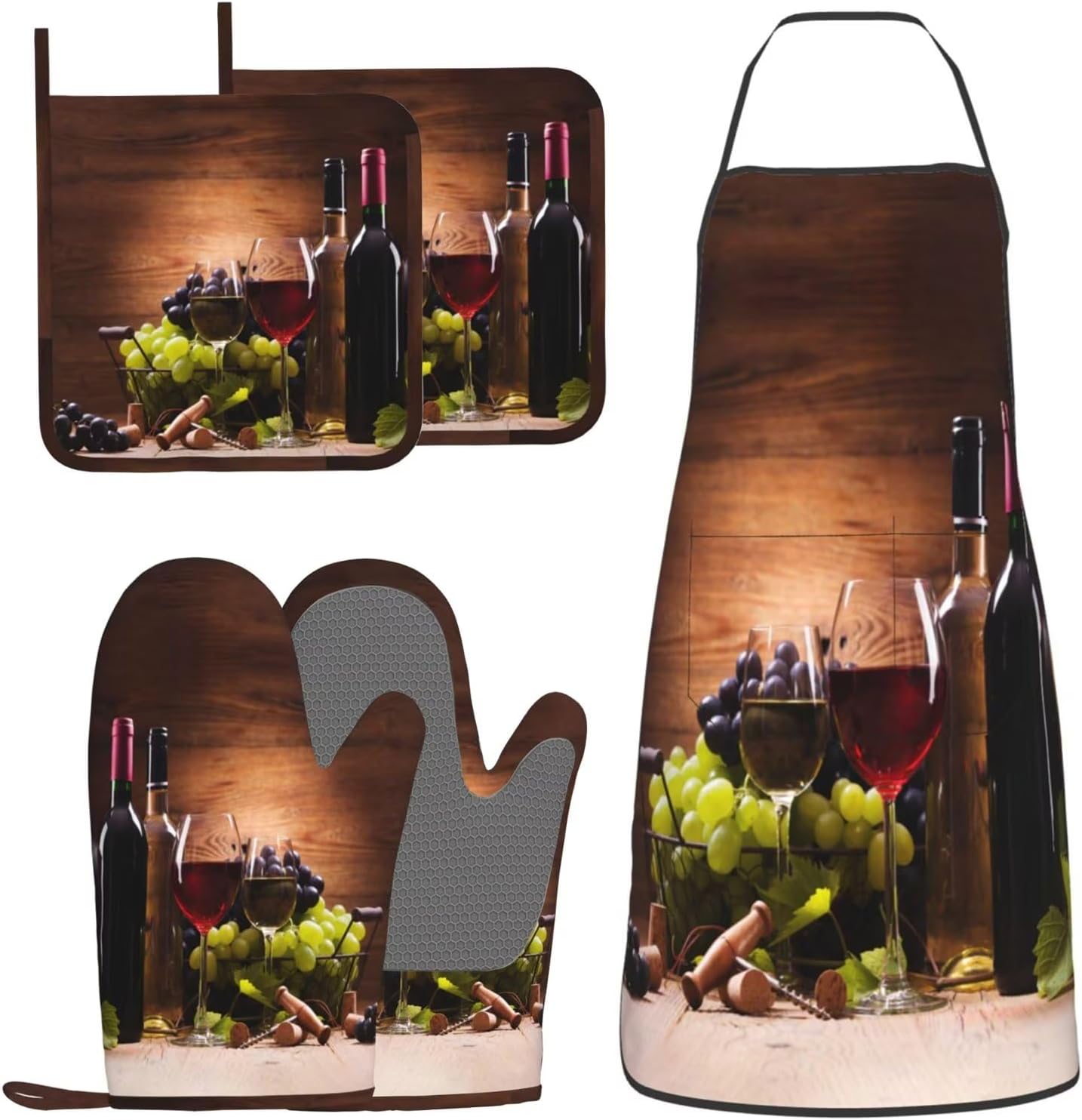 Vintage Glasses Wine Grapes Oven Mitts and Pot Holders with Apron Set of 5 Silicone Kitchen Mitten Gloves and Non-Slip Potholders Apron Set Heat Resistant Oven Gloves Hot Pads for Kitchen
