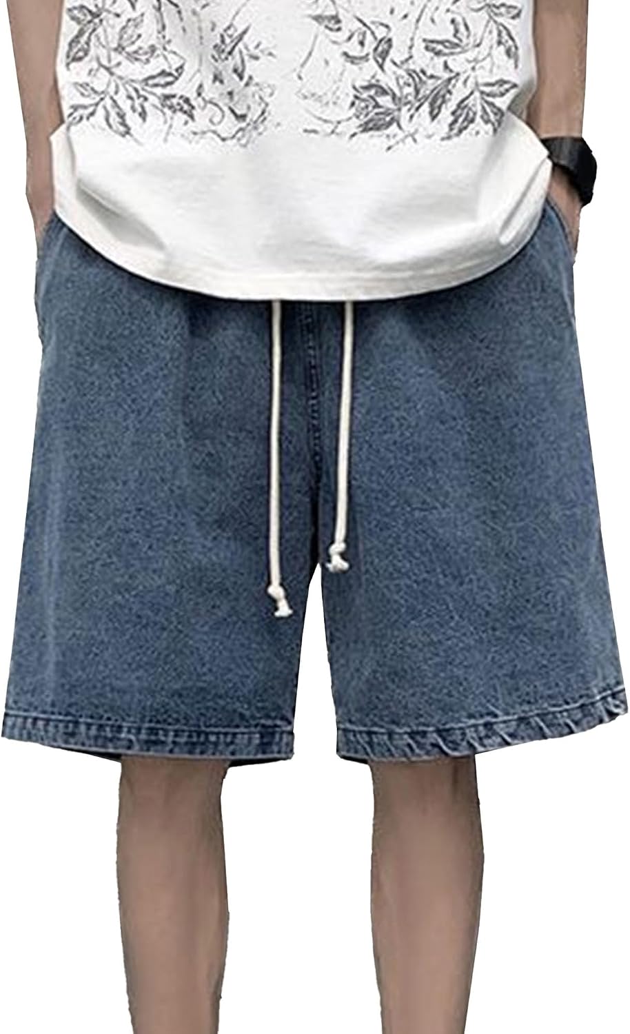Men's Baggy Denim Shorts Drawstring Elastic Waist Loose Fit Knee Length Jean Shorts Casual Summer Streetwear