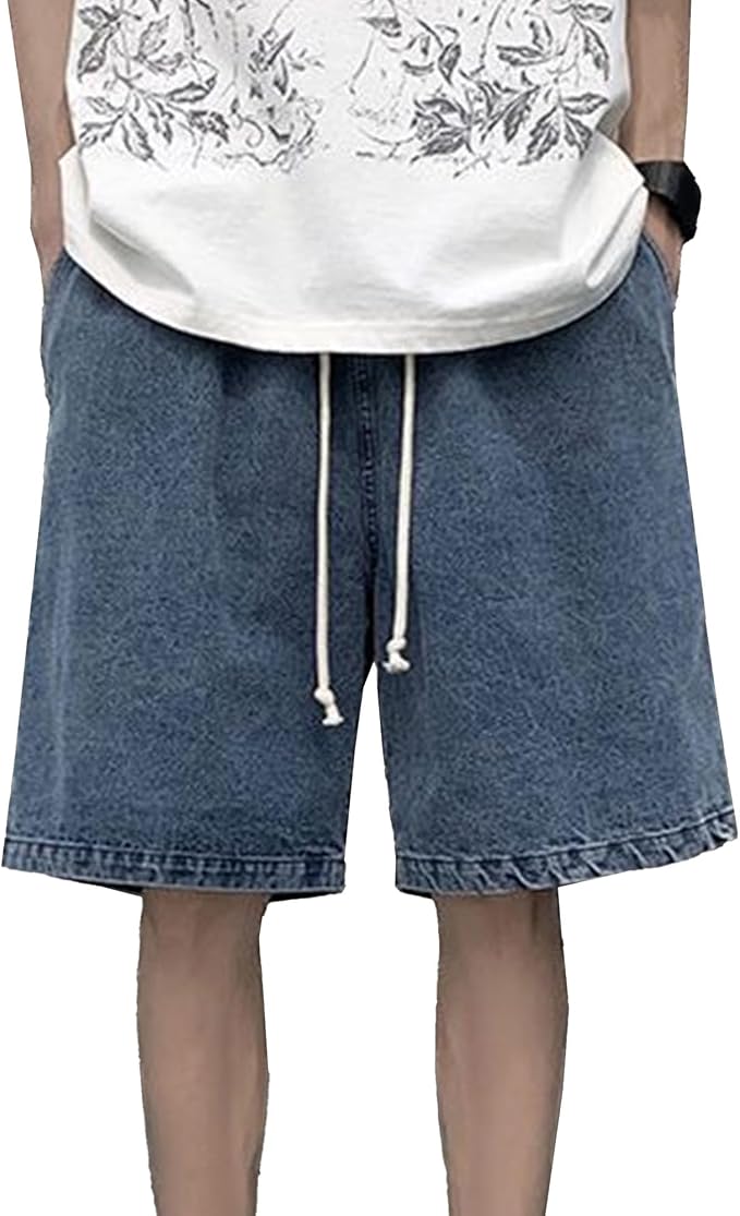 Men's Baggy Denim Shorts Drawstring Elastic Waist Loose Fit Knee Length Jean Shorts Casual Summer Streetwear