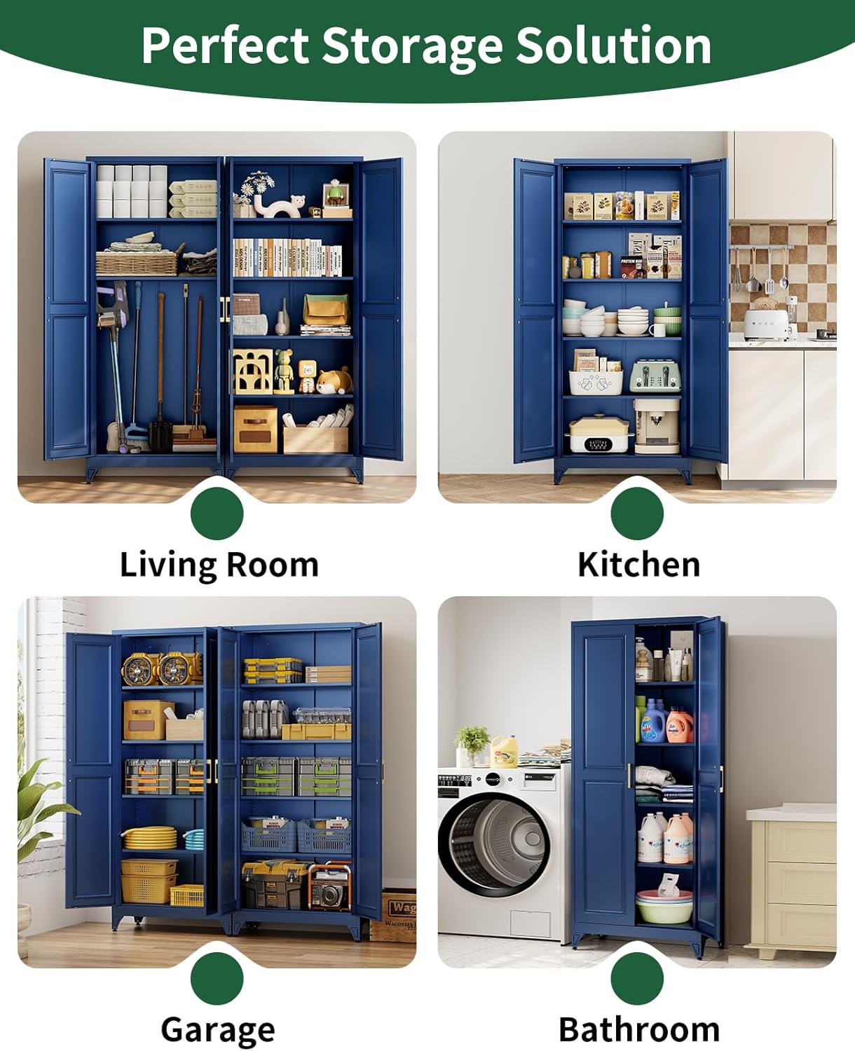 75" Tall Metal Storage Cabinet with 2 Doors and 4 Adjustable Shelves, Heavy Duty Steel Pantry Cabinet for Garage, Home Office, Kitchen and Laundry Room, Freestanding Utility Cupboard,Blue