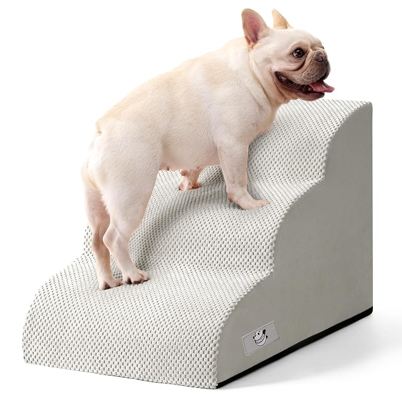 Escada para cães pequenos e gatos com espuma de alta densidade e capa lavável Airpanda, 3 degraus, 39,9 cm, Light Grey