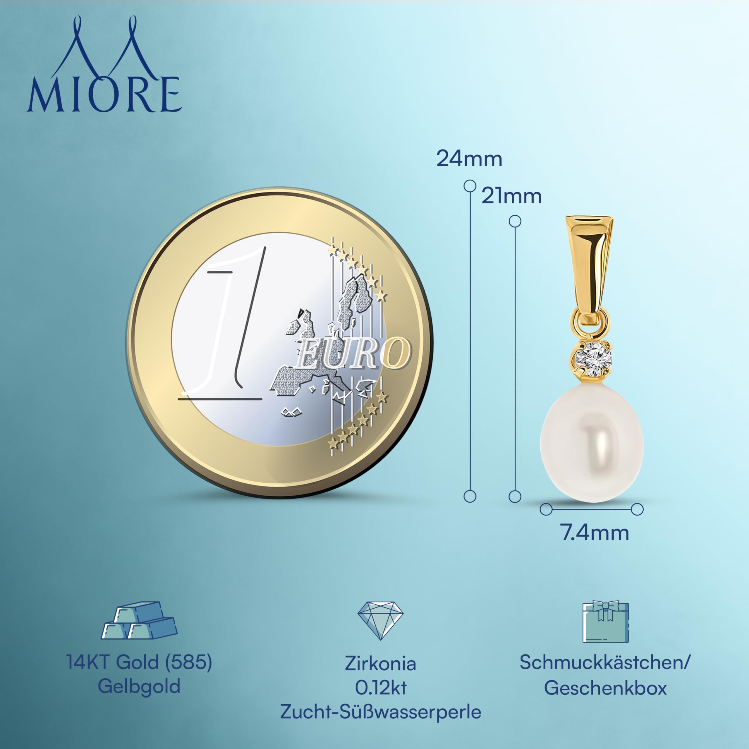 MIORE Kettenanhänger Gold –14K (585)Gelbgold- Perlen Anhänger, Charms Anhänger für Kette, weiße Süßwasser Perle 7mm und Zirkonia Stein, Hypoallergener Perlenschmuck, Schmuck Damen -in edler Schmuckbox