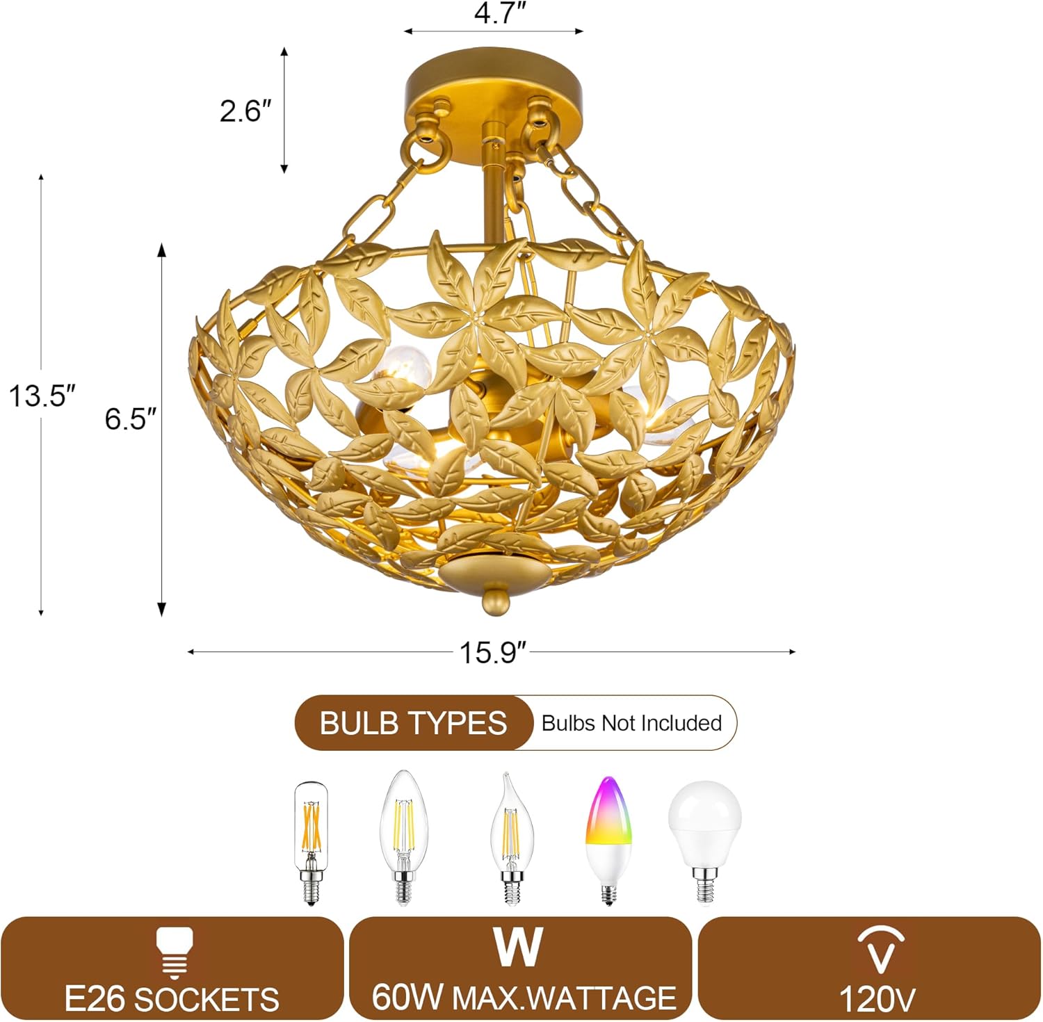 Wellmet Gold Semi Flush Mount Lighting, 3 Lights Metal Leaves Ceiling Light Fixture, Modern Chandelier for Hallway, Entryway, Foyer, Kitchen, Bedroom, Living Room, Dining Room