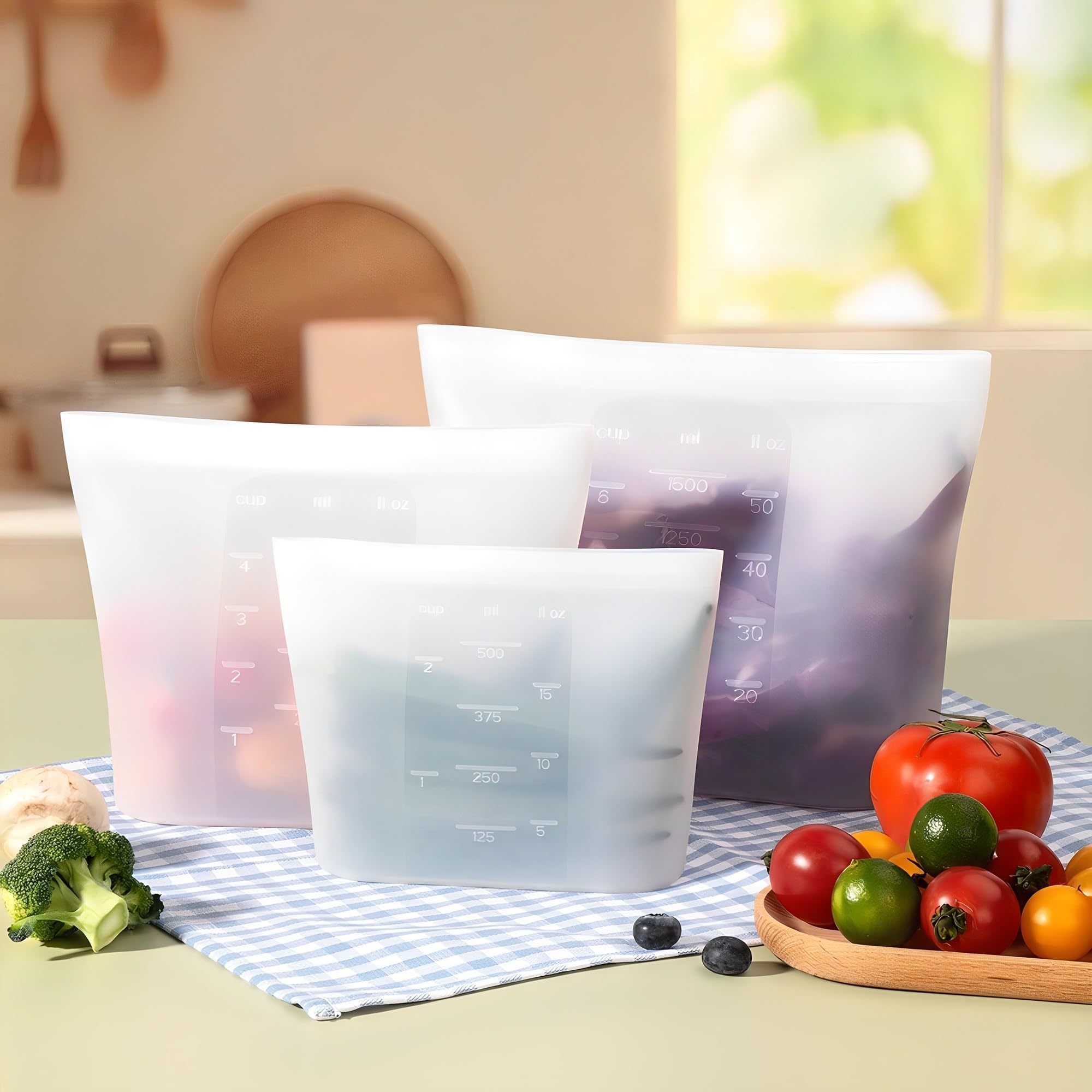 Sacchetti riutilizzabili, confezione da 12 sacchetti per alimenti in 100% silicone, con chiusura a cerniera, per contenitori per alimenti, congelatore, microonde, forno a lavastoviglie, 4 medi, 4