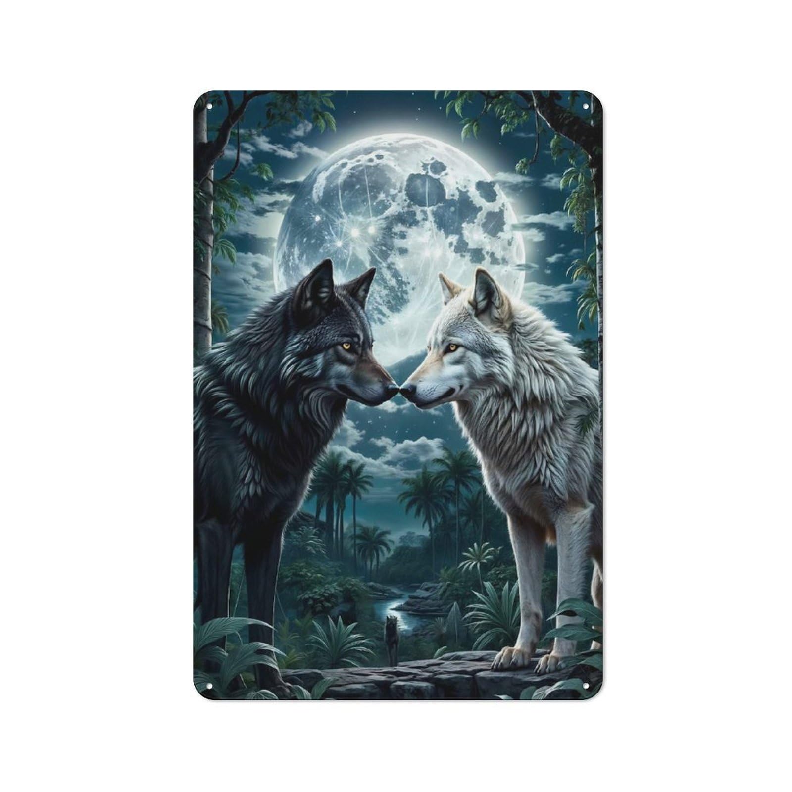 Tin Wall Plaque 30x20cm with Two Wolf in Forest Moon for Home Bar Wall, for Hosts Who Enjoy Retro Interiors Refreshing A Room in Autumn