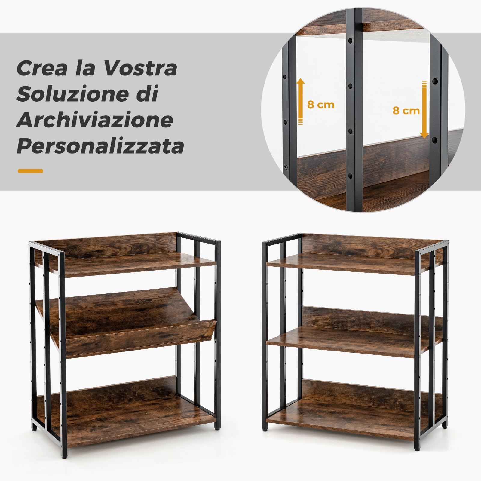 COSTWAY Scaffale a 3 Ripiani, Libreria Angolare Industriale con Ripiani Regolabili e Struttura Metallica, Scaffale da Terra con Dispositivo Antiribaltamento, 70x35x81 cm (Marrone)