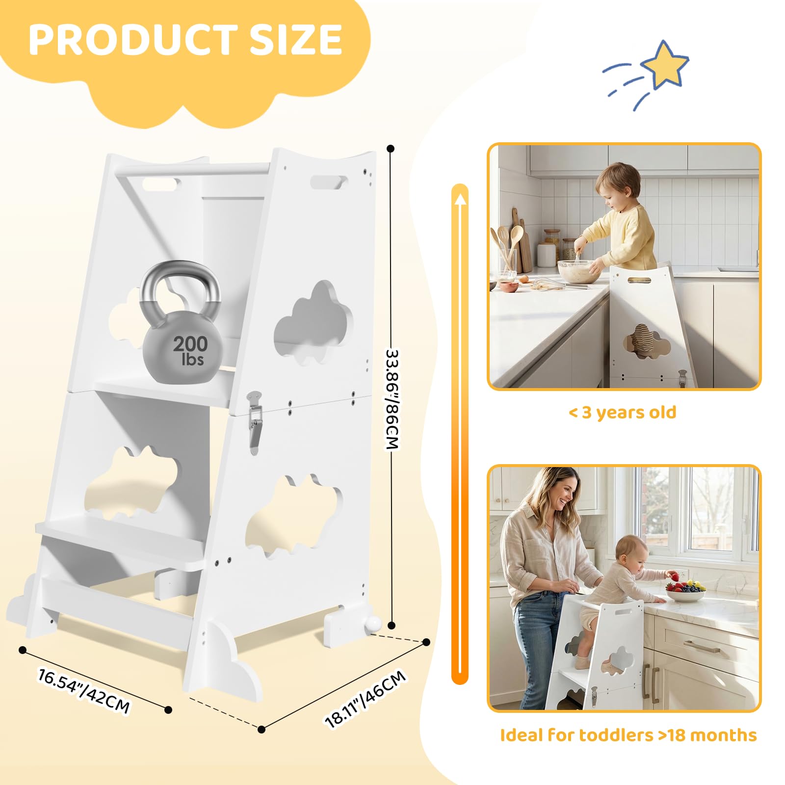 KIDINIX Lernturm ab 1 Jahr, 3 in 1 Montessori Learning Tower mit Sicherheitsgeländer und Tafel, Klappbarer Lernstuhl Kinder mit Tischfunktion für Küche, Bad, Weiß