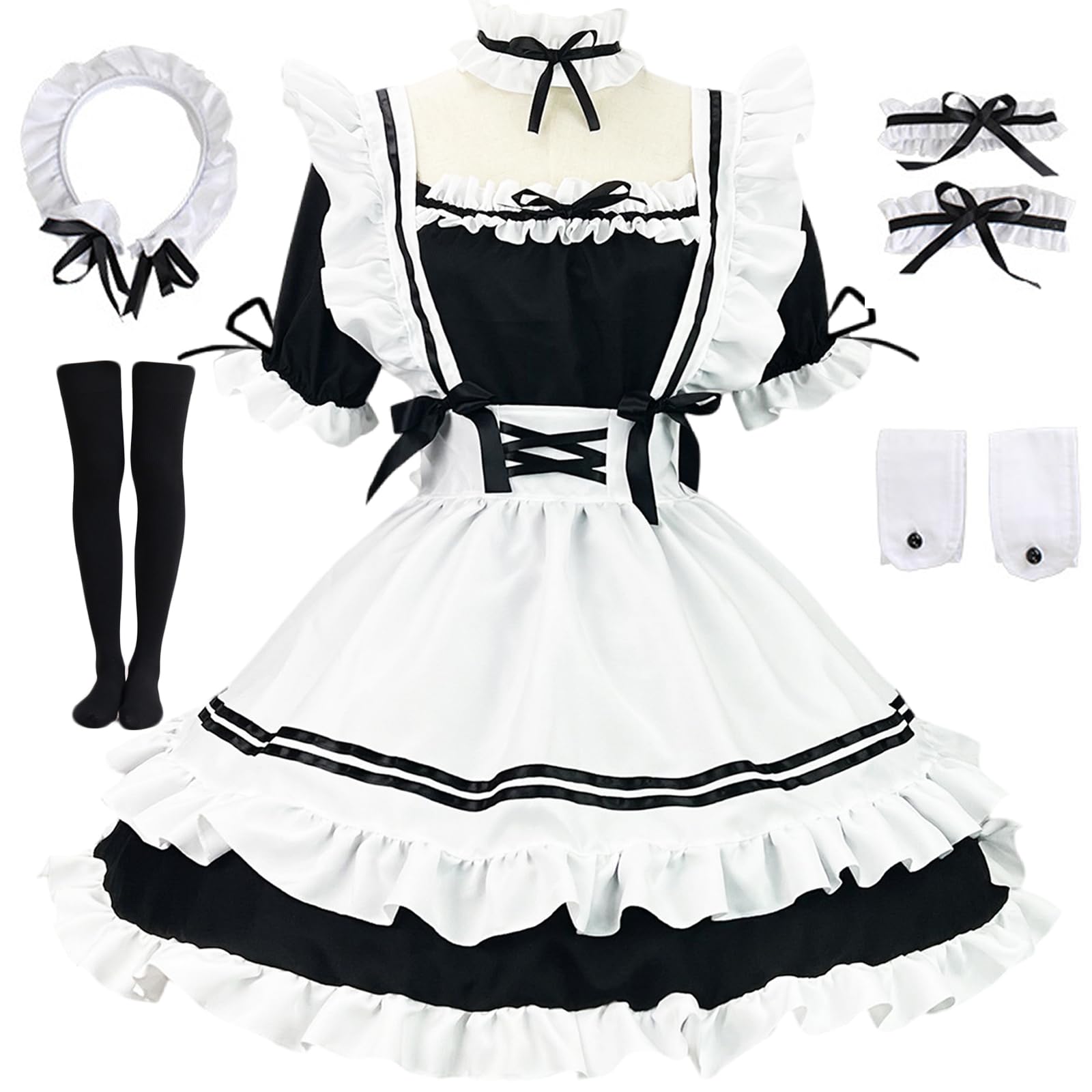 Kostium pokojówki cosplay Amine seksowny francuska pokojówka kelnerka fartuch sukienka fantazja lolita mundur 7-częściowy zestaw fantazyjny strój na Halloween, maskaradę, strój na imprezę,