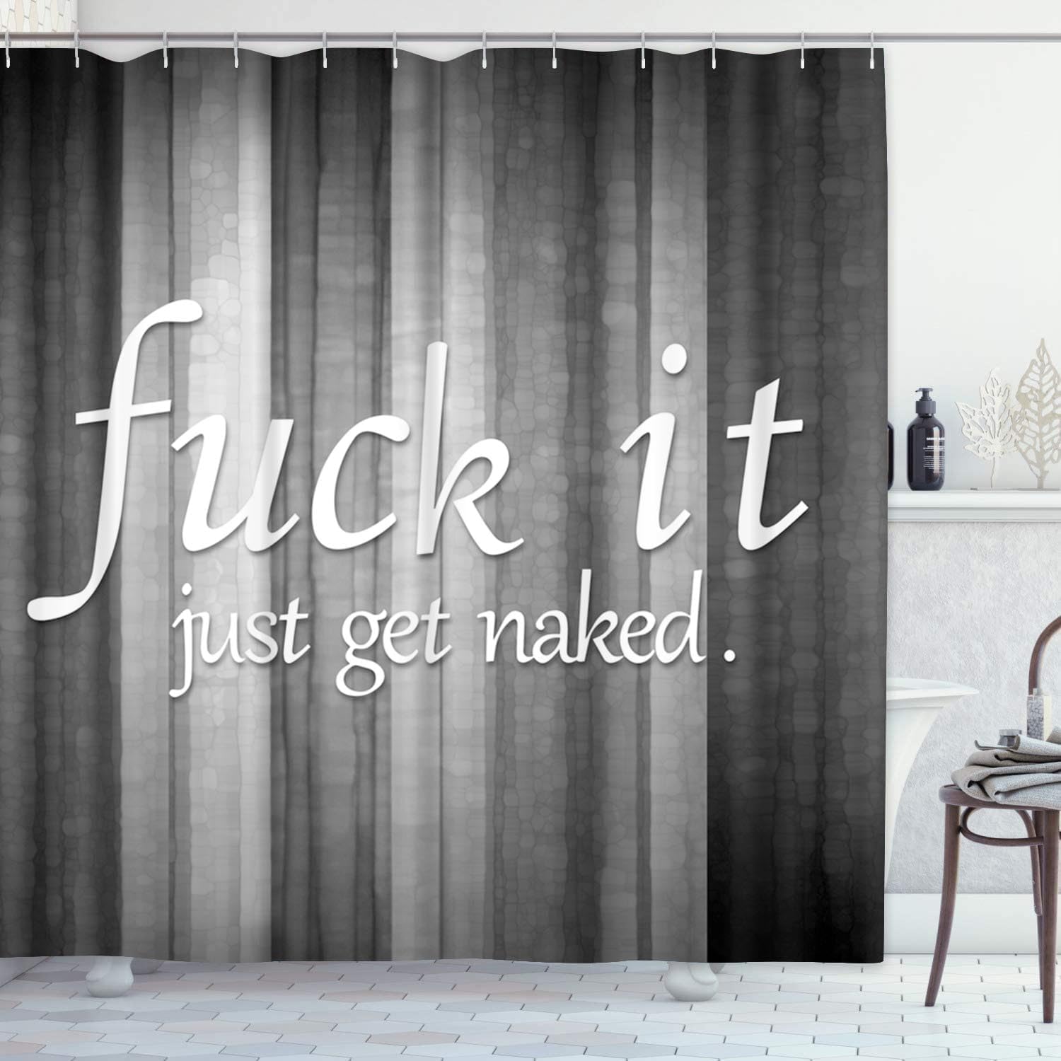 ArtSocket 4PC Funny Get Naked Grey Striped Vintage Abstract Shower Curtain Sets Bathroom Decor with Rugs, Non-Slip Rug,Toilet Lid Cover, Bath Mat and 12 Hooks 72x72 inches