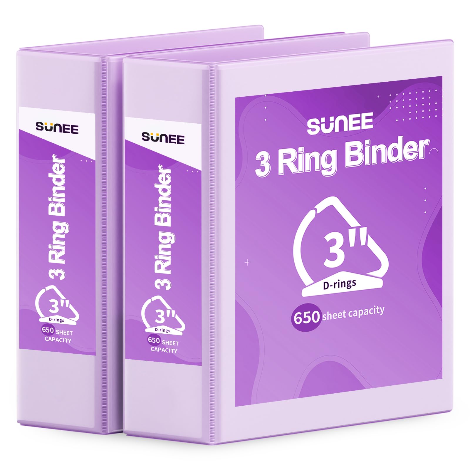 SUNEE 3 Ring Binder 3 Inch D Ring, Clear View Binder Three Ring PVC-Free (Fit 8.5x11 Inches) for School or Office Supplies, Light Purple, 2 Pack