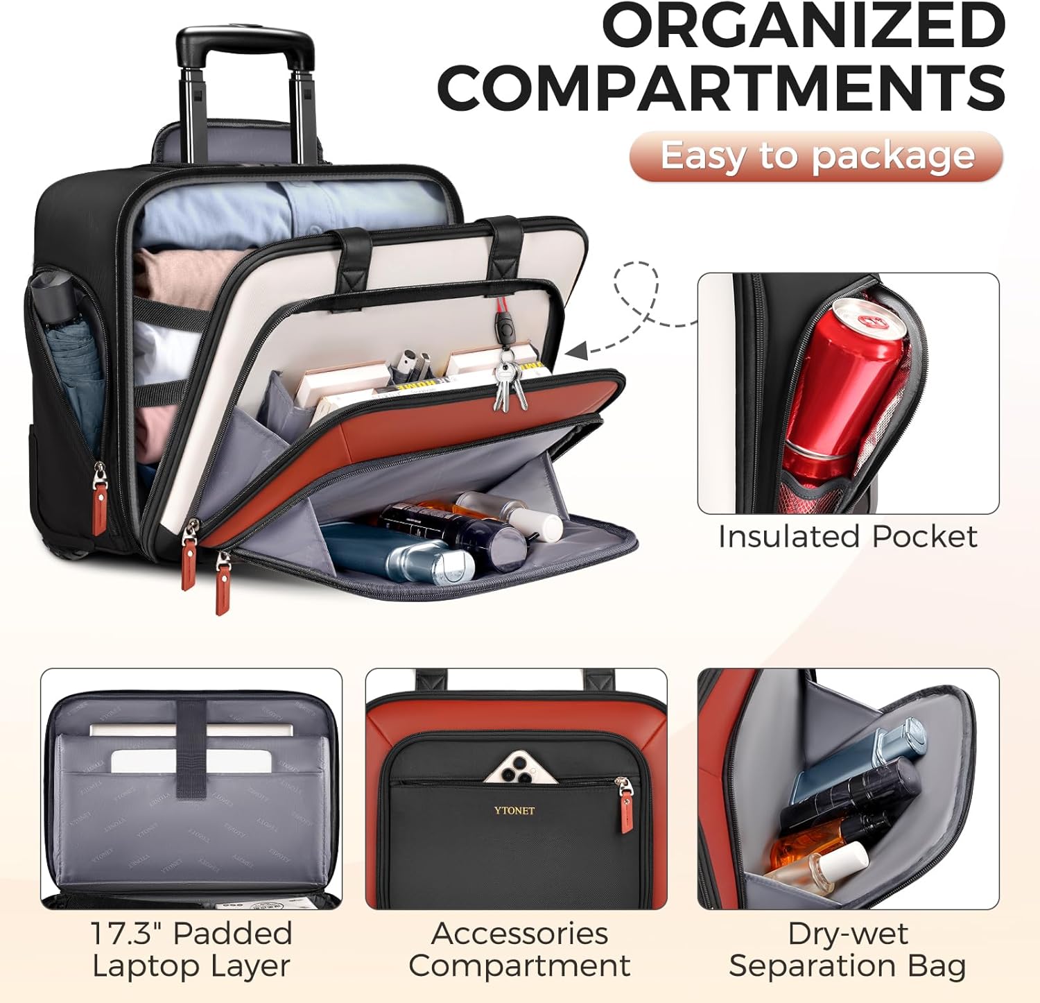 Ytonet Rolling Laptop Bag, Rolling Briefcase for Women with Lock, 17.3 Inch Carry On Laptop Bag with Wheels, Roller Bag with Insulated & Waterproof Pocket, Teacher Bag for Work Travel Business College - Image 4