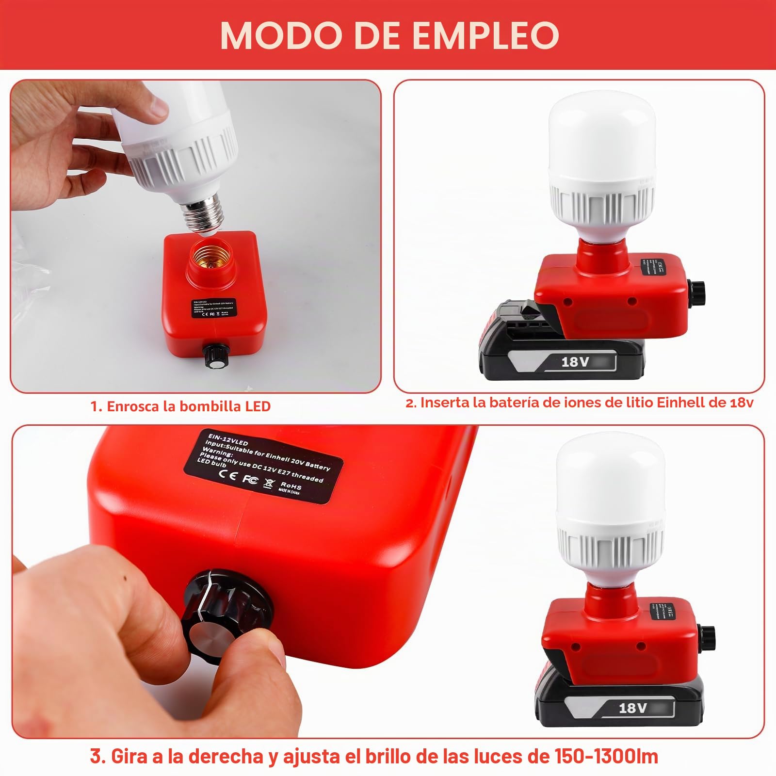 Lámpara con batería para Einhell de 18 V, batería: 12 W, lámpara de trabajo con bombillas E27, foco LED ajustable de 150 a 1300 lm, foco LED para camping, emergencias