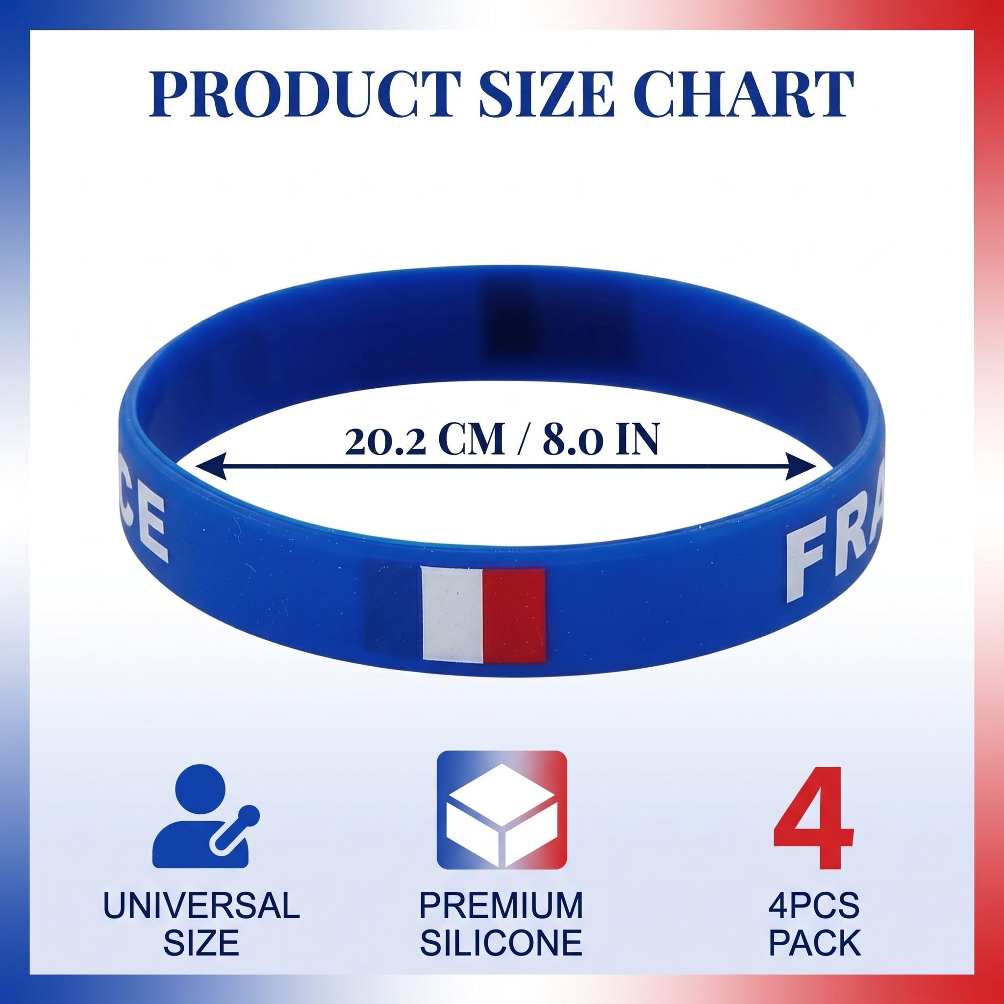4 Pièces France Bracelet Taille Unique Nylon Bleu Blanc Rouge Élastique Réglable Imperméable Résistant Confortable pour CM Euro Fête Festival Quotidien Sport Hommes Femmes Enfants