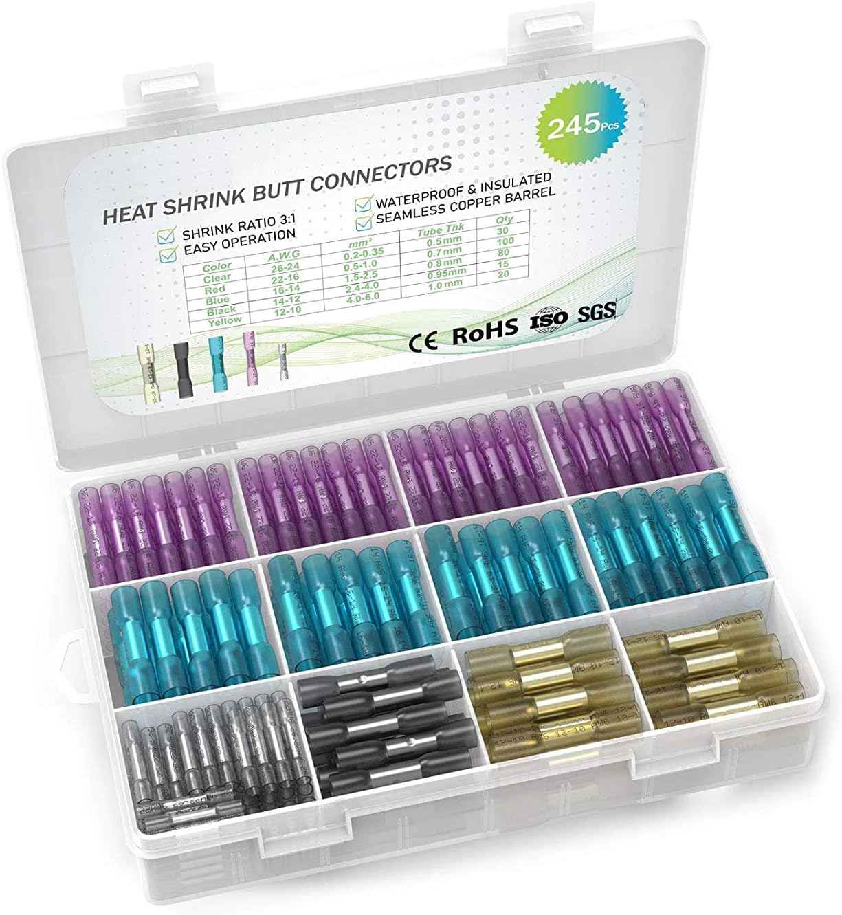 Heat Shrink Butt Connectors, 245Pcs Insulated Waterproof Electrical Wire Connector Kit Automotive Marine Grade Wire Crimp Terminals Butt Splices Assortment, Ideal for Boat, Truck, Stereo[26-10 AWG]