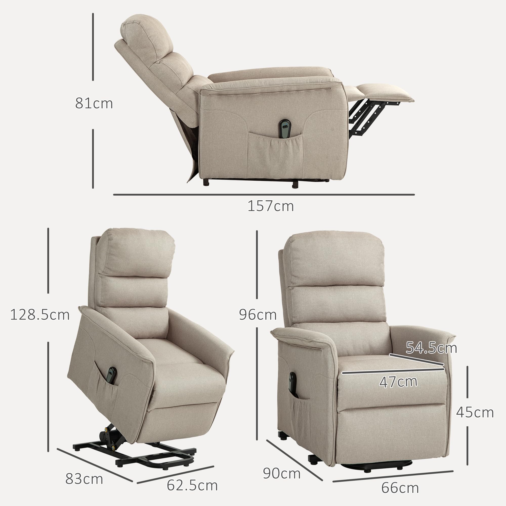 HOMCOM Poltrona Alzapersona Elettrica Reclinabile con Poggiapiedi, Poltrona Relax con Telecomando e Tasca, Beige