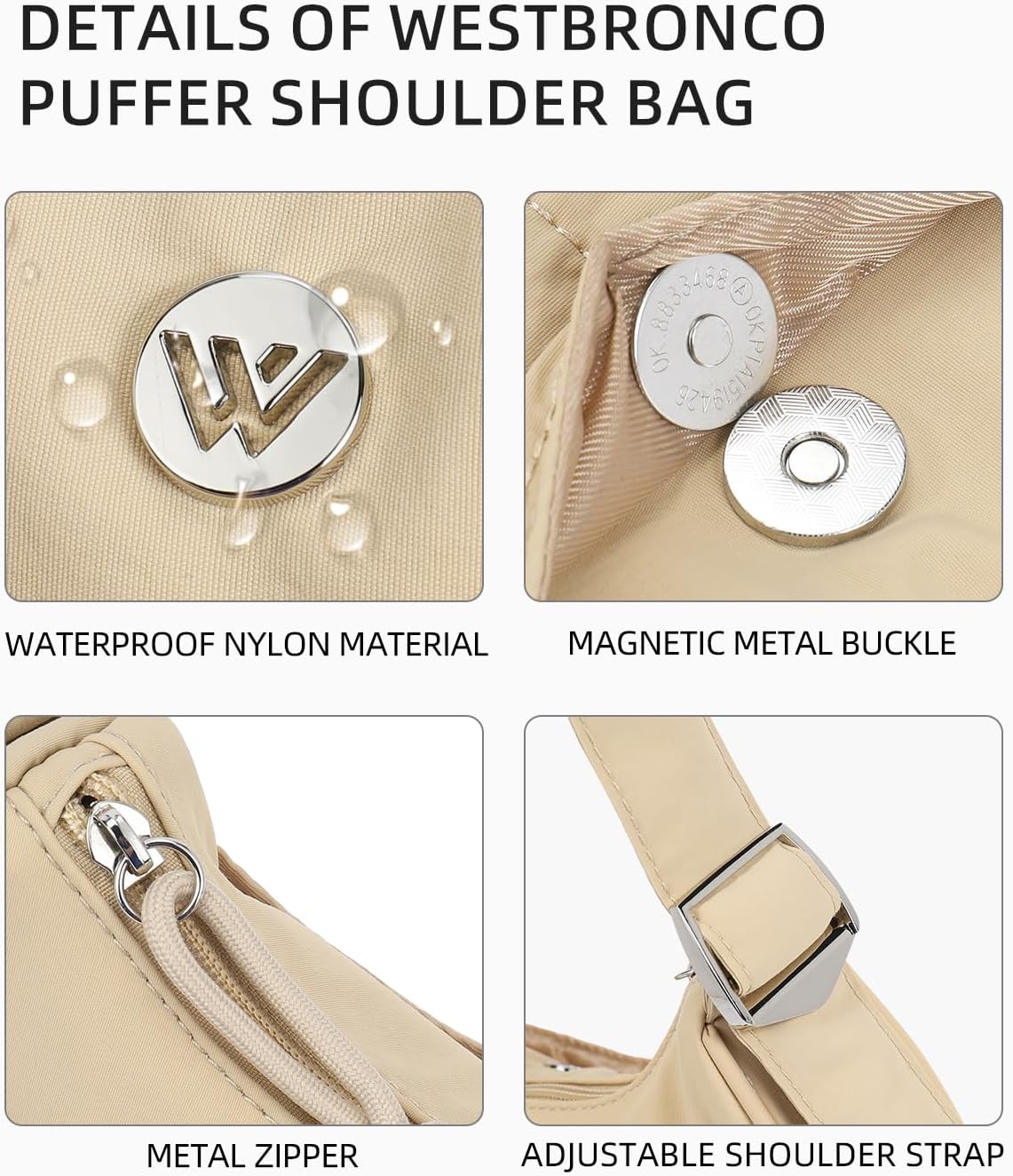 WESTBRONCO Puffer Crescent Shoulder Bags for Women Puffy Quilted Handbags, Nylon Shoulder Purse with Adjustable Strap