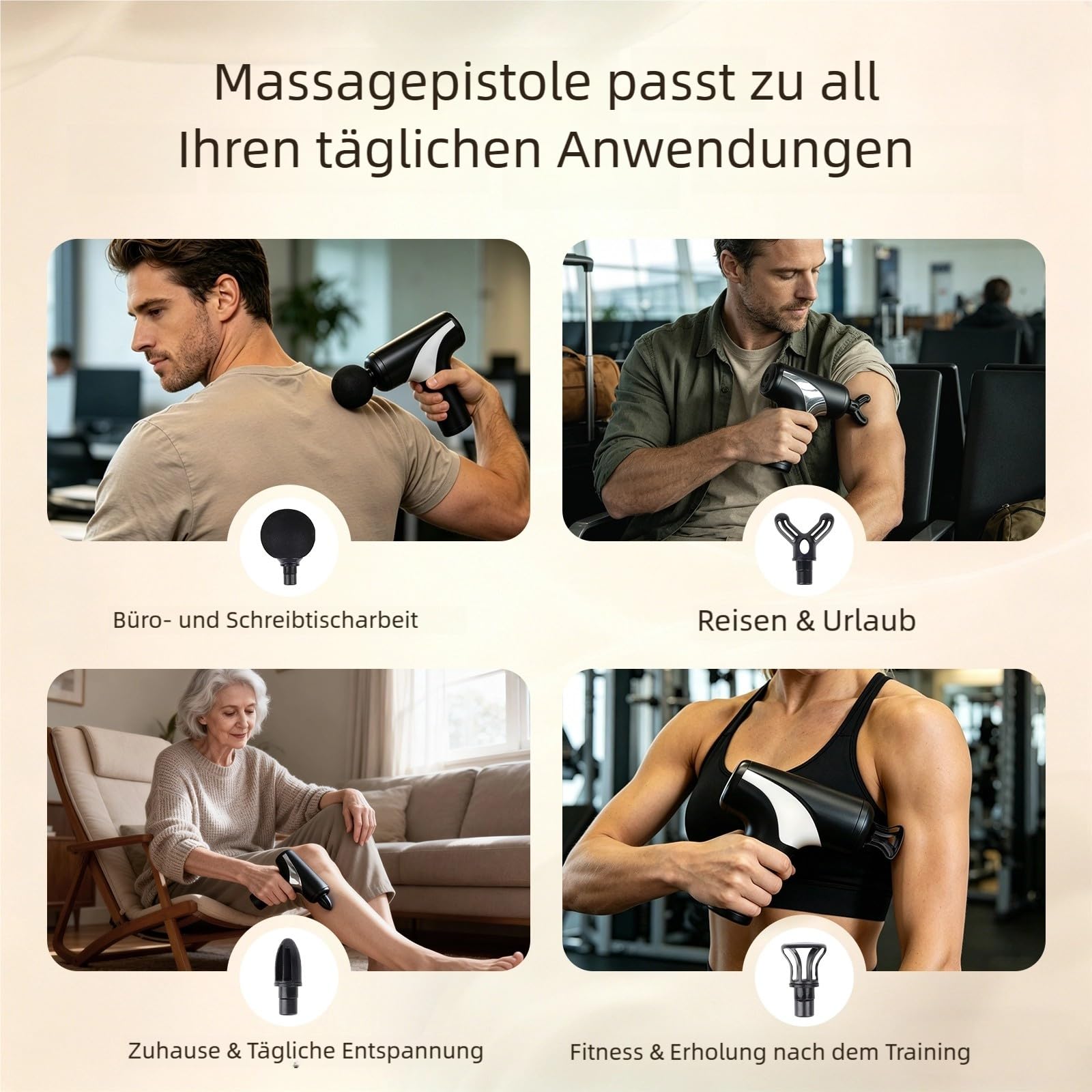 Mini pistolet do masażu, pistolet do masażu z 6 regulowanymi stopniami i 4 wymiennymi głowicami, urządzenie do masażu do biura, fitnessu, podróży, 3200 obr./min, cichy poniżej 45 dB, USB-C, 400 g