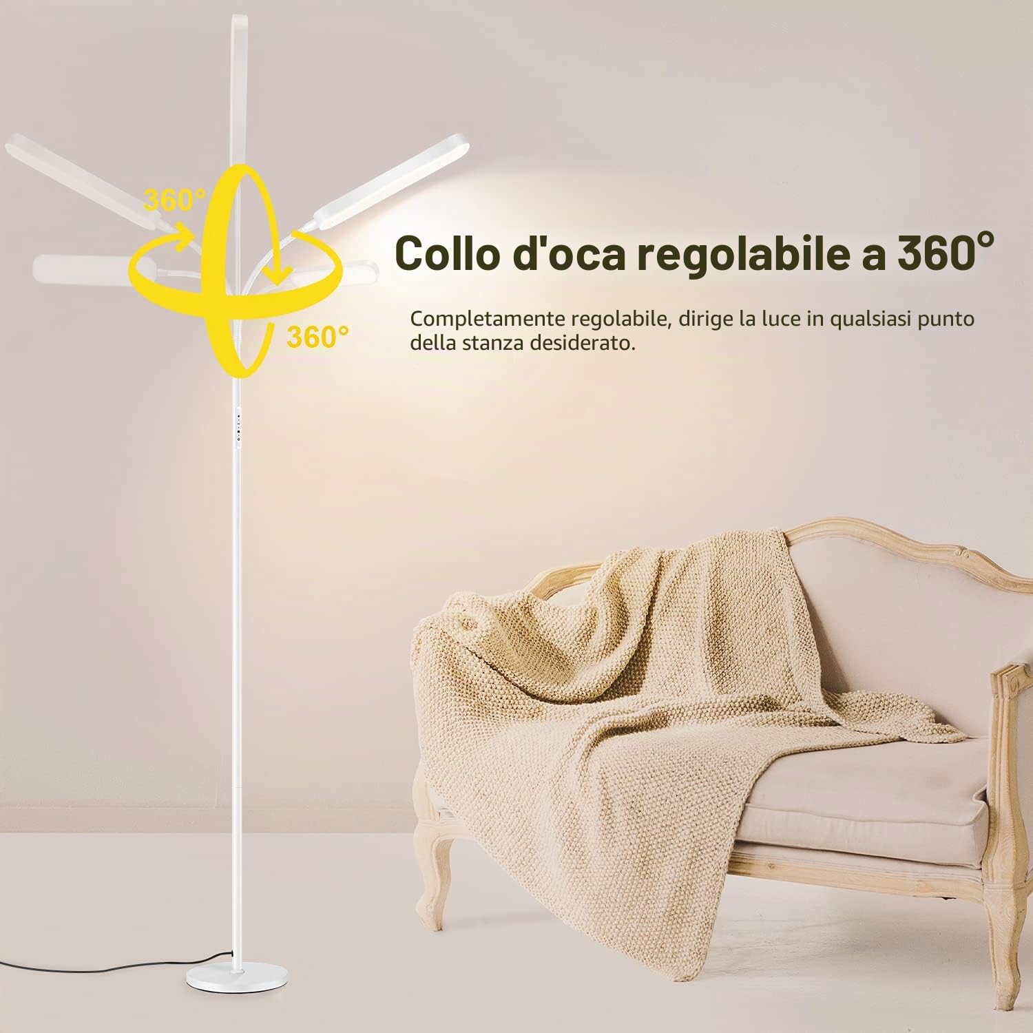OUTON Lampada da Terra LED Dimmerabile, 12 W/1200 LM, Moderna | Lampada da Lettura Regolabile con 4 Temperature di Colore, Telecomando e Controllo Touch, illuminazione per Soggiorno, Bianco