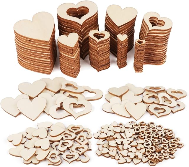 ilauke 500Pcs Wooden Heart Embellishments, Mixed Wood Heart Slices for Scrap Book DIY Crafting, Personalized Gifts, Wedding and Party Decoration 1cm 2cm 3cm 4cm