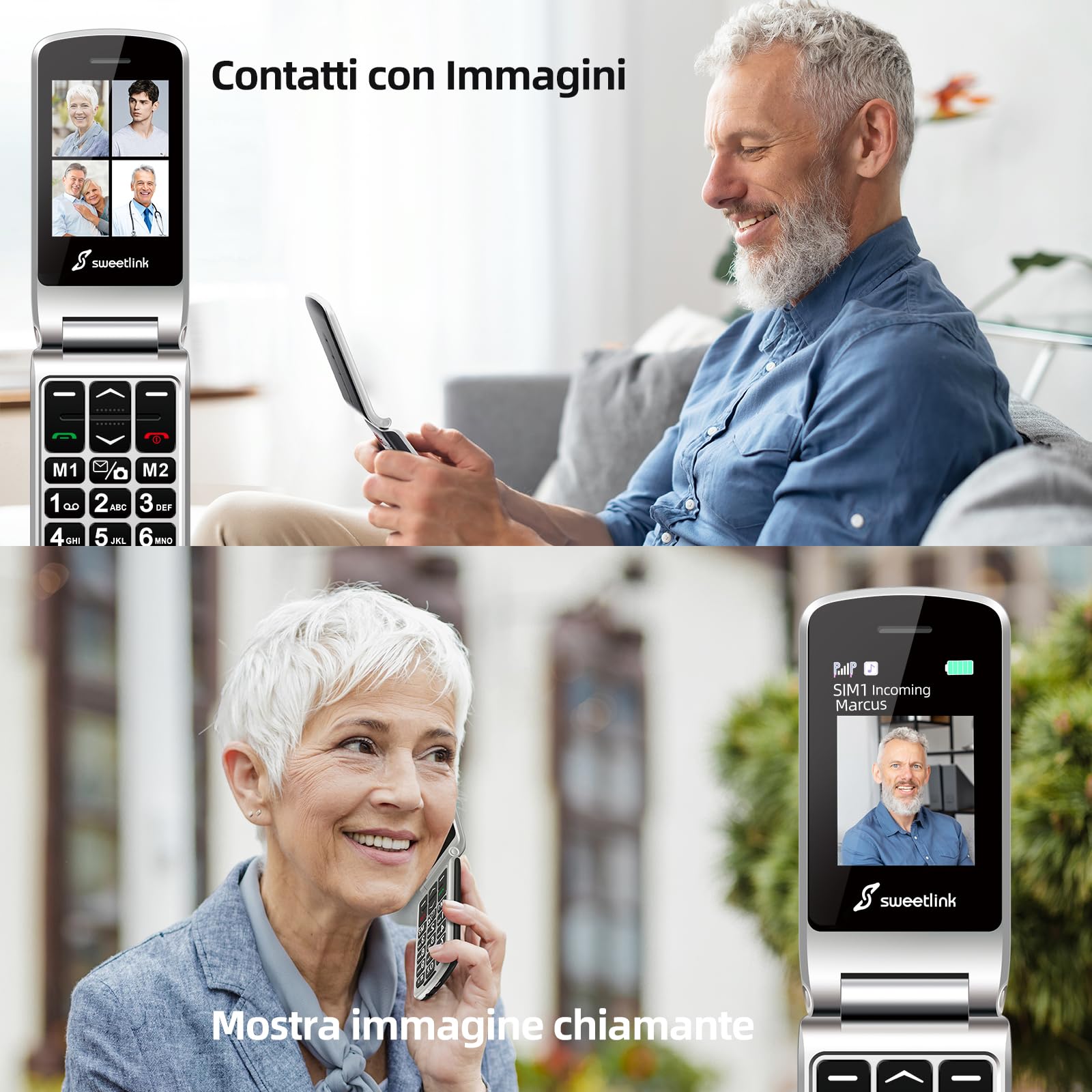 SweetLink Telefono Cellulare per Anziani, Flip Telefoni Cellulari Tasti Grandi, Contatti con Immagini, Base di Ricarica, Pantalla 2.4", Volume Alto, Funzione SOS, Incompatibile con iliad
